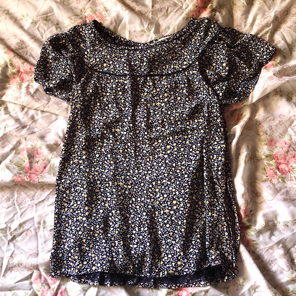 Loft Navy Blue Cute Little Dainty Ruffle Floral Top